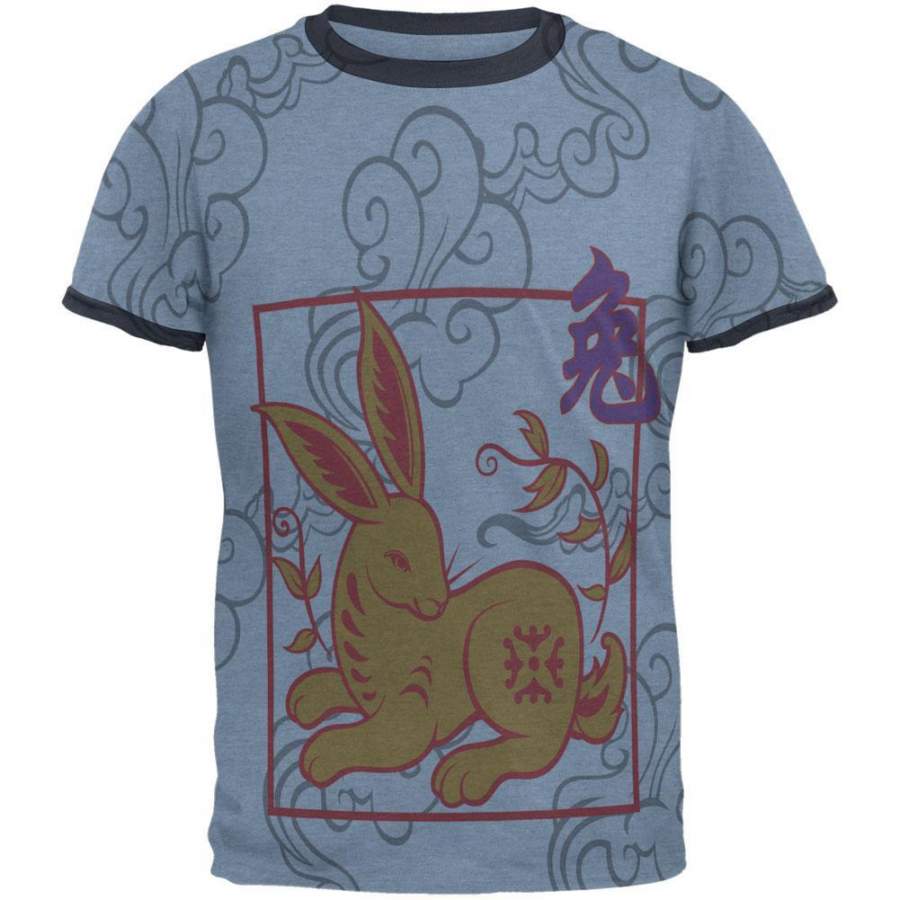 Chinese New Year Rabbit All Over Heather Blue-Navy Men’s Ringer T-Shirt