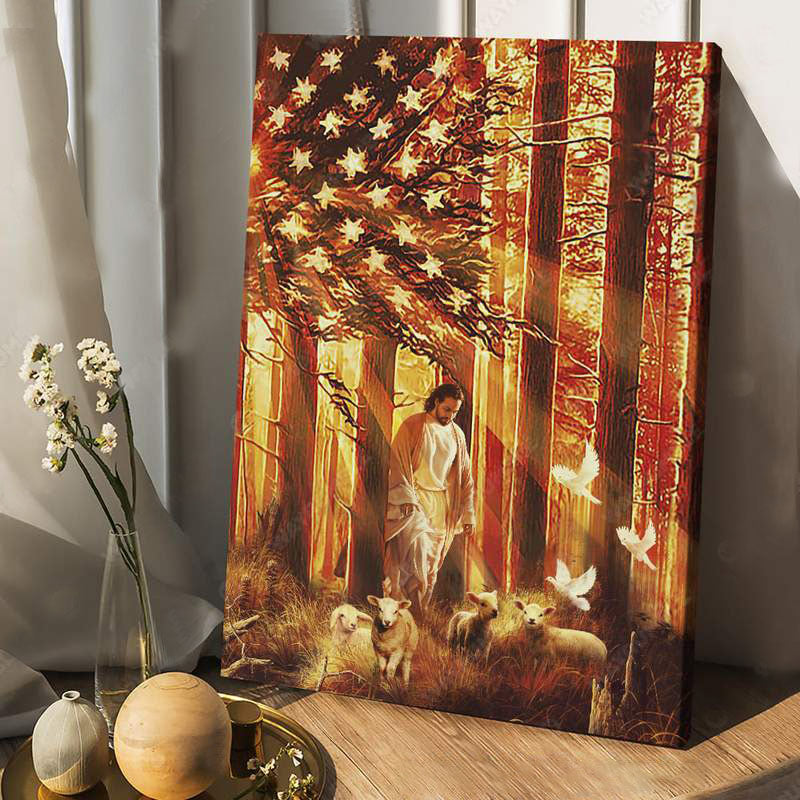 Jesus Painting, Walking With The Lambs – Jesus, Us Flag Portrait Canvas Prints, Wall Art