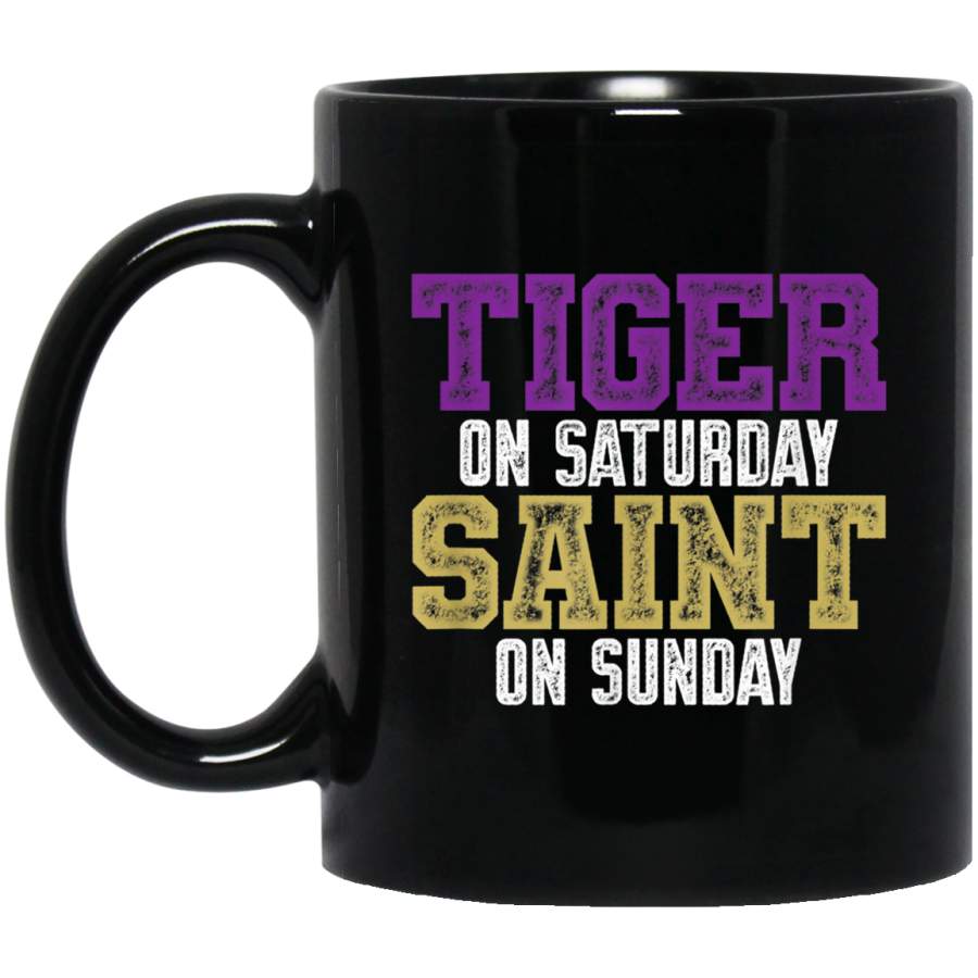 Tiger on Saturday Saint on Sunday Louisiana Football Apparel Black Mugs