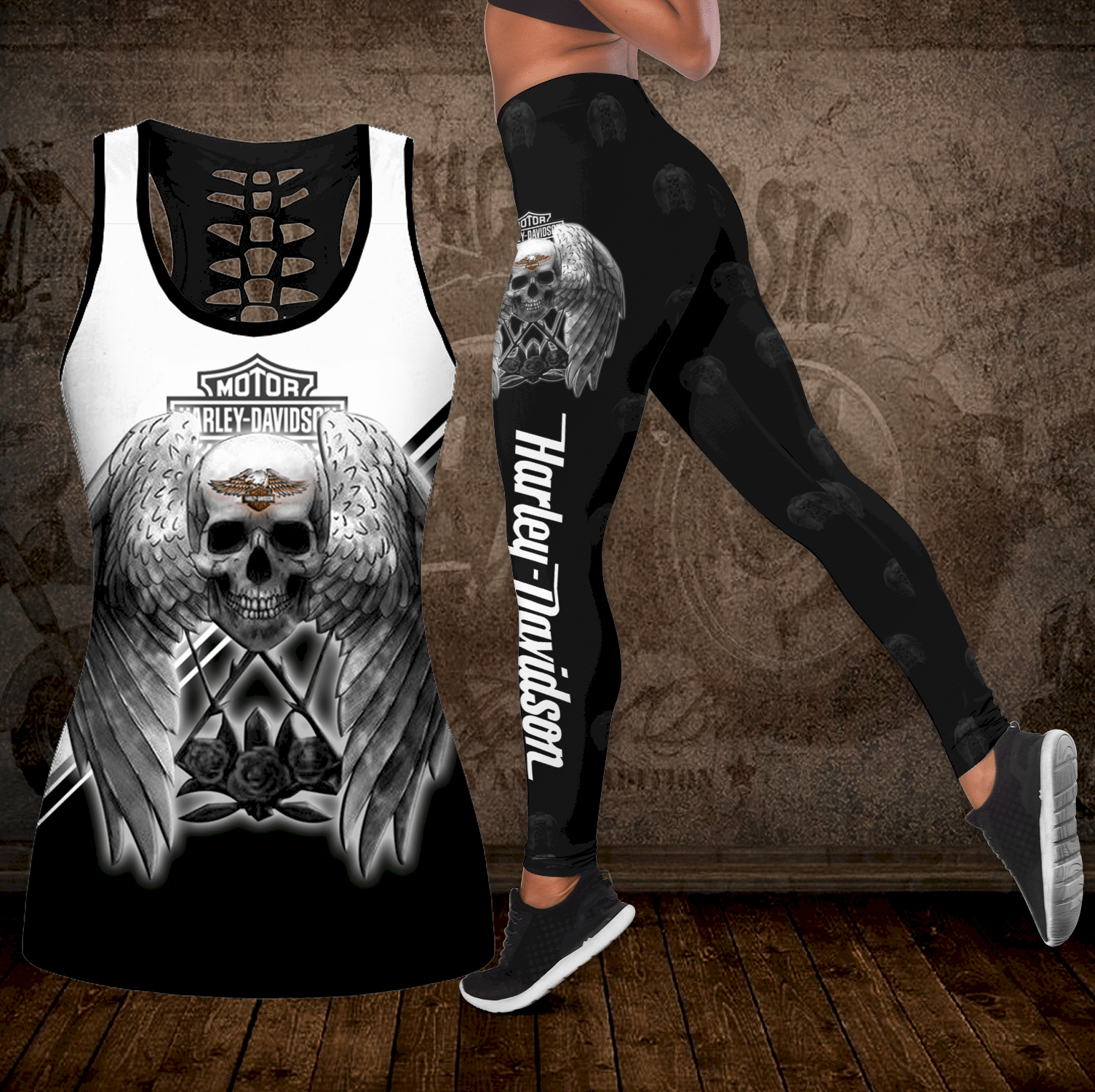 Combo Harley Davidson Skull Hollow Tanktop Leggings Set Outfit K1972