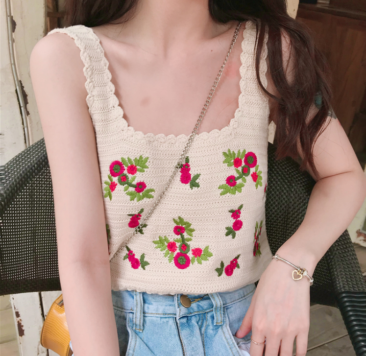 Sweater Vest Women Cropped Embroidery Fall Trendy Korean Femme Floral Chic Streetwear All-match Sleeveless Spring Girls Knitwear alx