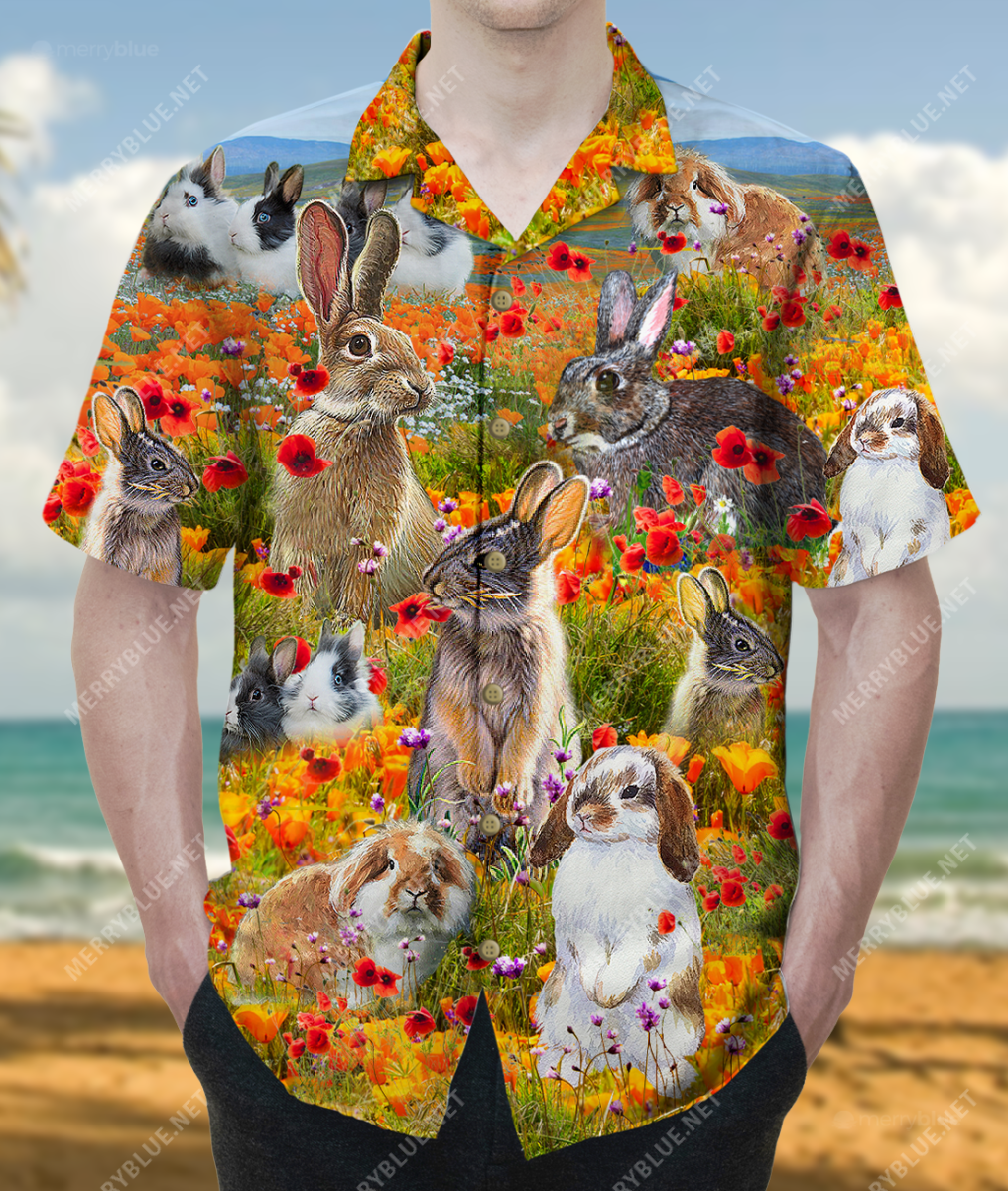 Rabbits In A Poppy Field Unisex Hawaiian Shirt