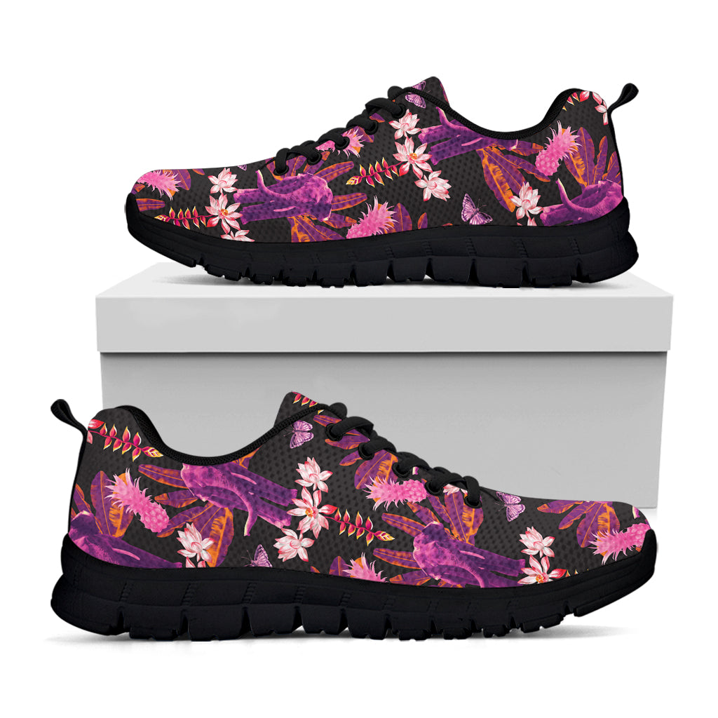 Purple Tropical Elephant Pattern Print Black Sneakers