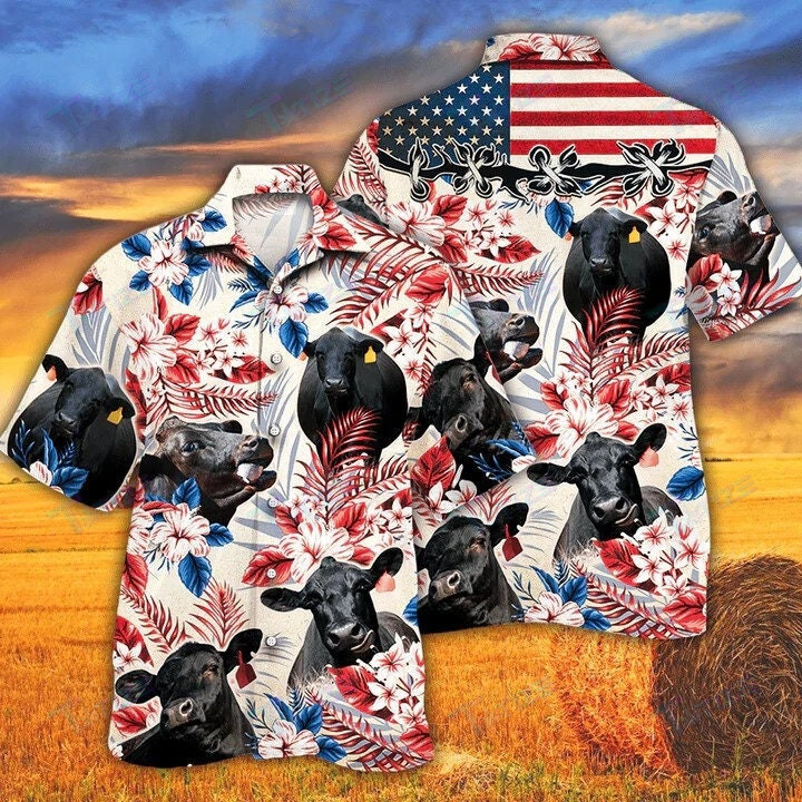 Black Angus Cow American Flag Hawaii All Over Printed Hawaii Shirt Size S Ha85689