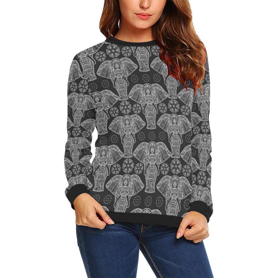 Black Elephant Mandala Print Women Crewneck Sweatshirt