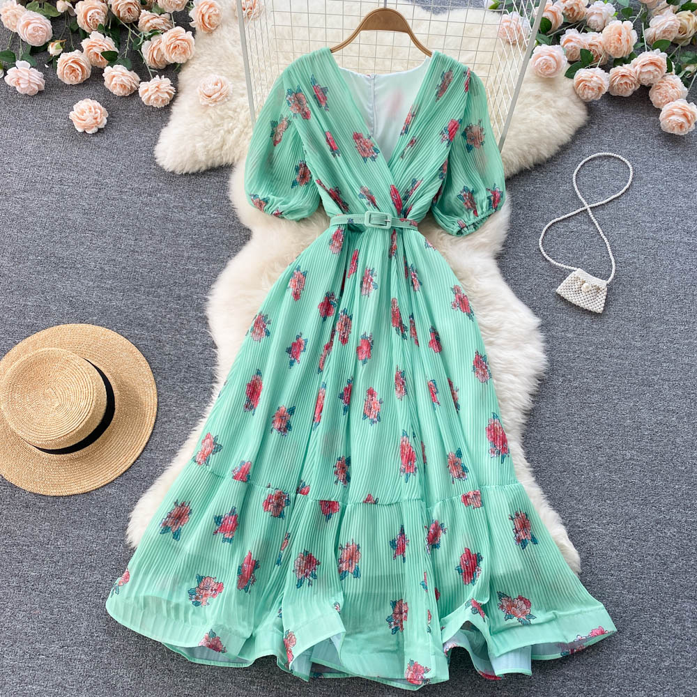 Summer Elegant Pleated Dress Women Clothing Vintage Lilac Dresses With Belt Chiffon Floral V-Neck A-Line Vestidos Female Robe alx