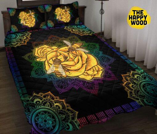 Colorful Mandala Honey Bee And Flower Quilt Bed Set And Pillow Covers