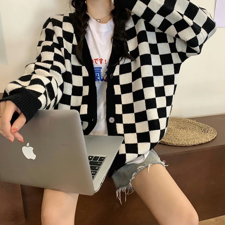 Checkered Plaid Sweaters Women Cardigans Retro Chic PopularV-neck Long Sleeve Knitted Outerwear Girls Harajuku High Street BF alx