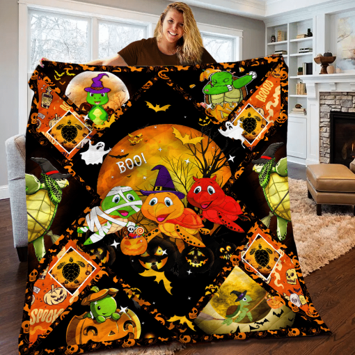 Turtle Witch With Jack O Lantern Pumpkin Bats Full Moon Halloween Blanket