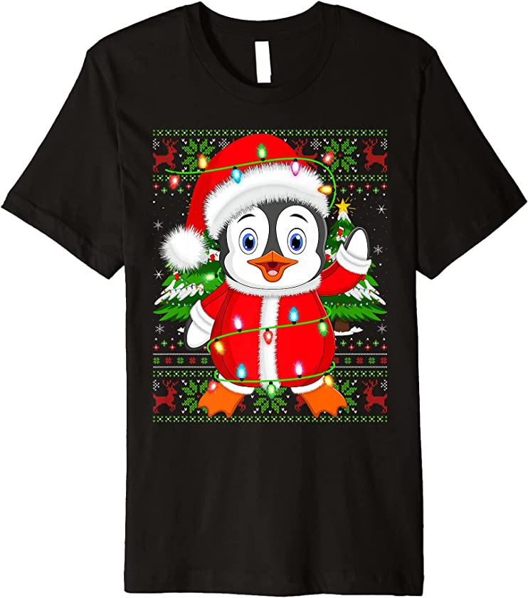 Funny Penguin Lover Xmas Lights Ugly Santa Penguin Christmas Premium T-Shirt