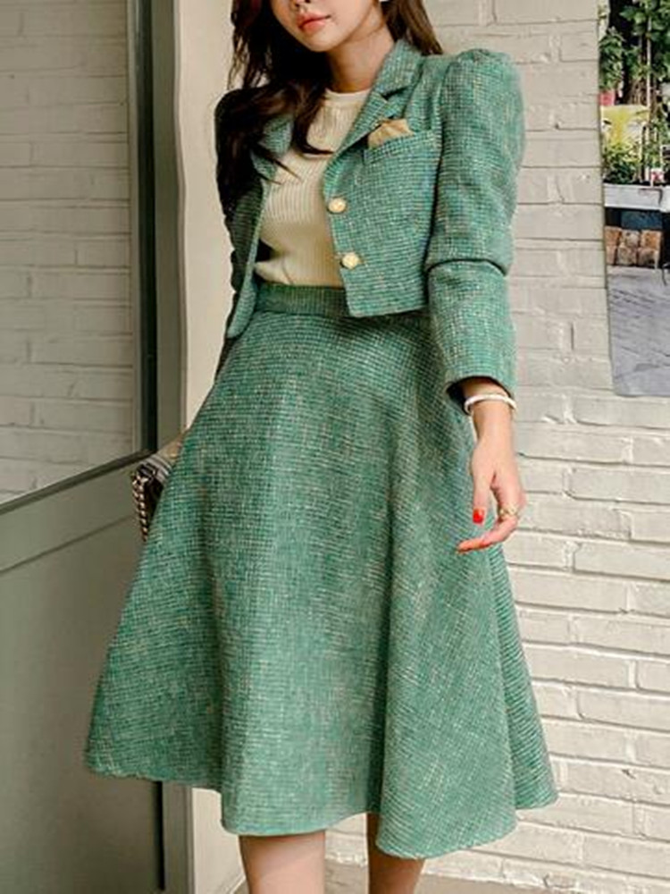 SMTHMA New Two 2 Piece Set Vintage Green Plaid Short Jacket Coat Women High Waist Mid-length Woolen Skirt Two-Piece Suits alx