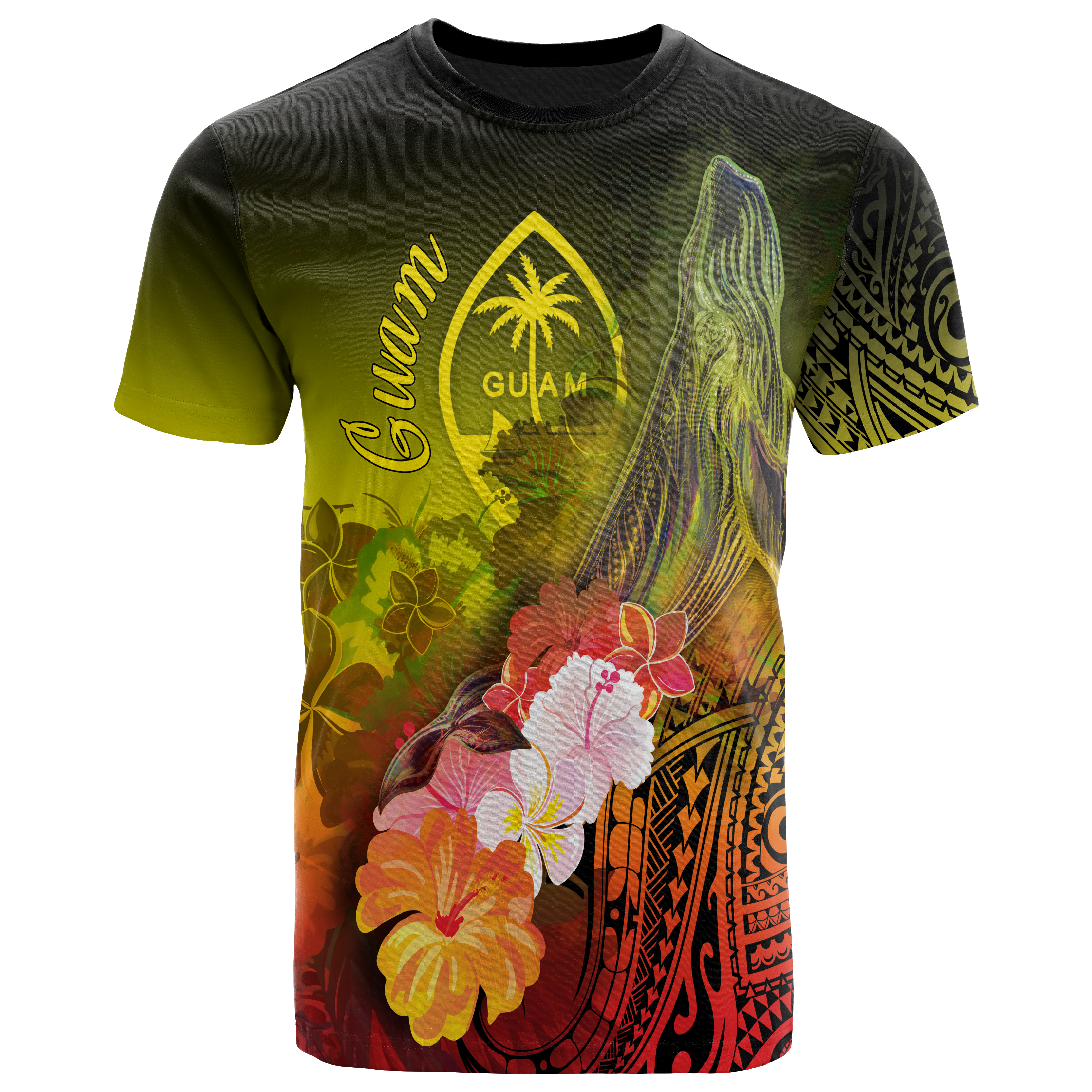 Guam T-Shirts – Humpback Whale with Tropical Flowers (Yellow)- BN18