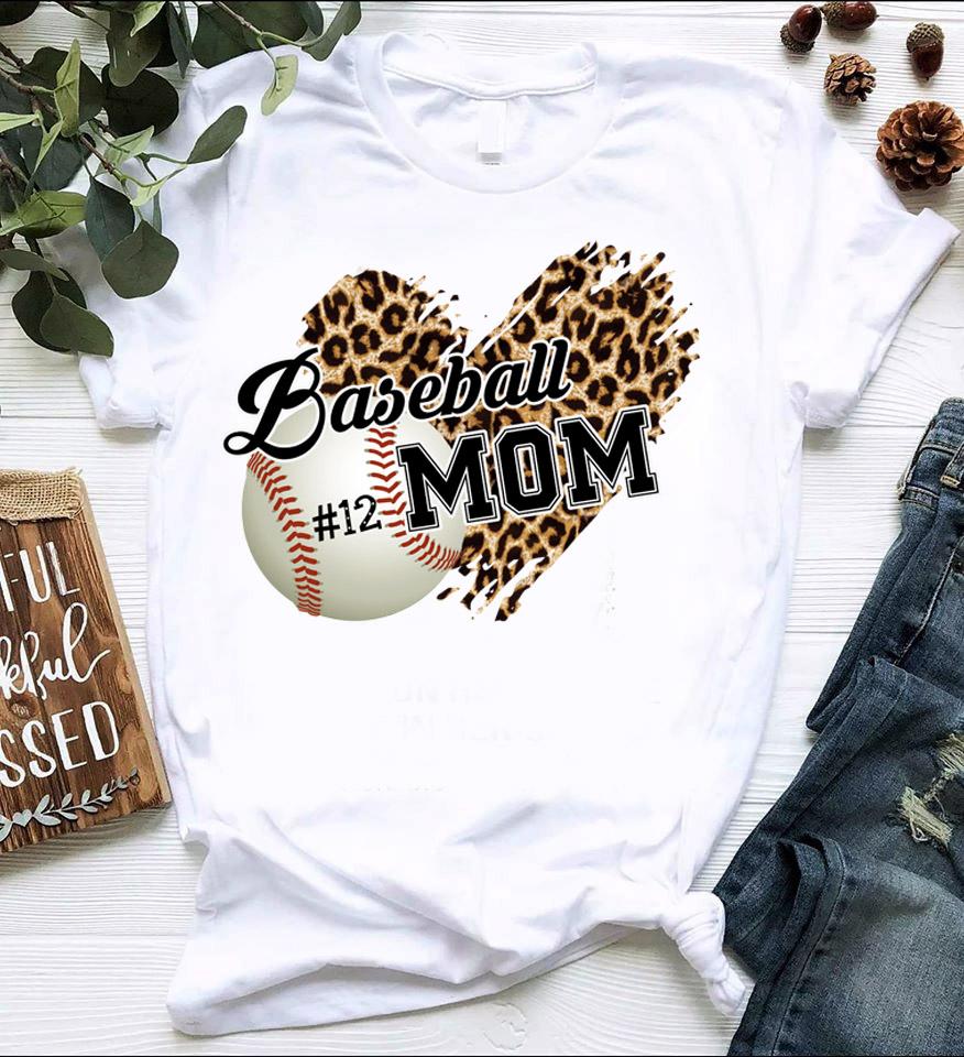 Custom Baseball Mom Leopard Heart Tee Personalized T-Shirt Name & Number