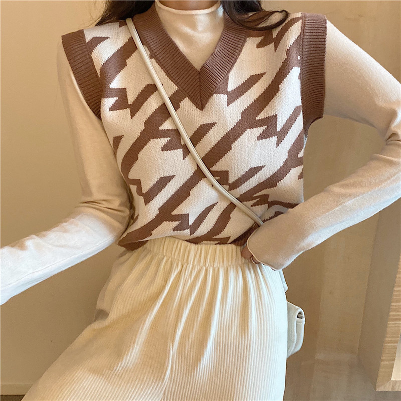 Women’s Knitted Vest Vintage V-Neck Pullover Print Sleeveless Women’s Warm Vest Korean Fashion Women Winter Sweater Clothes alx