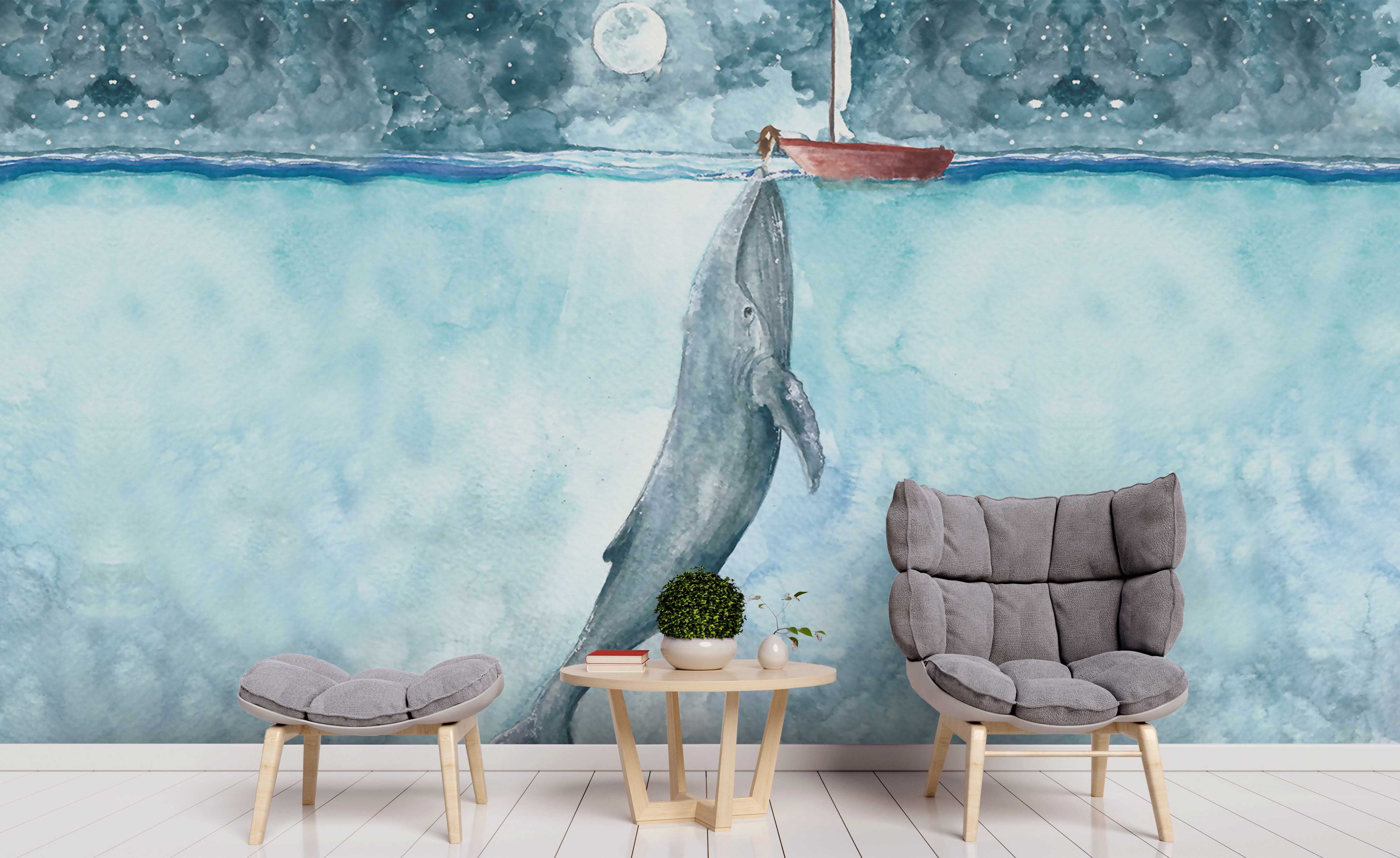 3D Hand Drawn Sea Dolphin Wall Mural Wallpaper Lqh 151