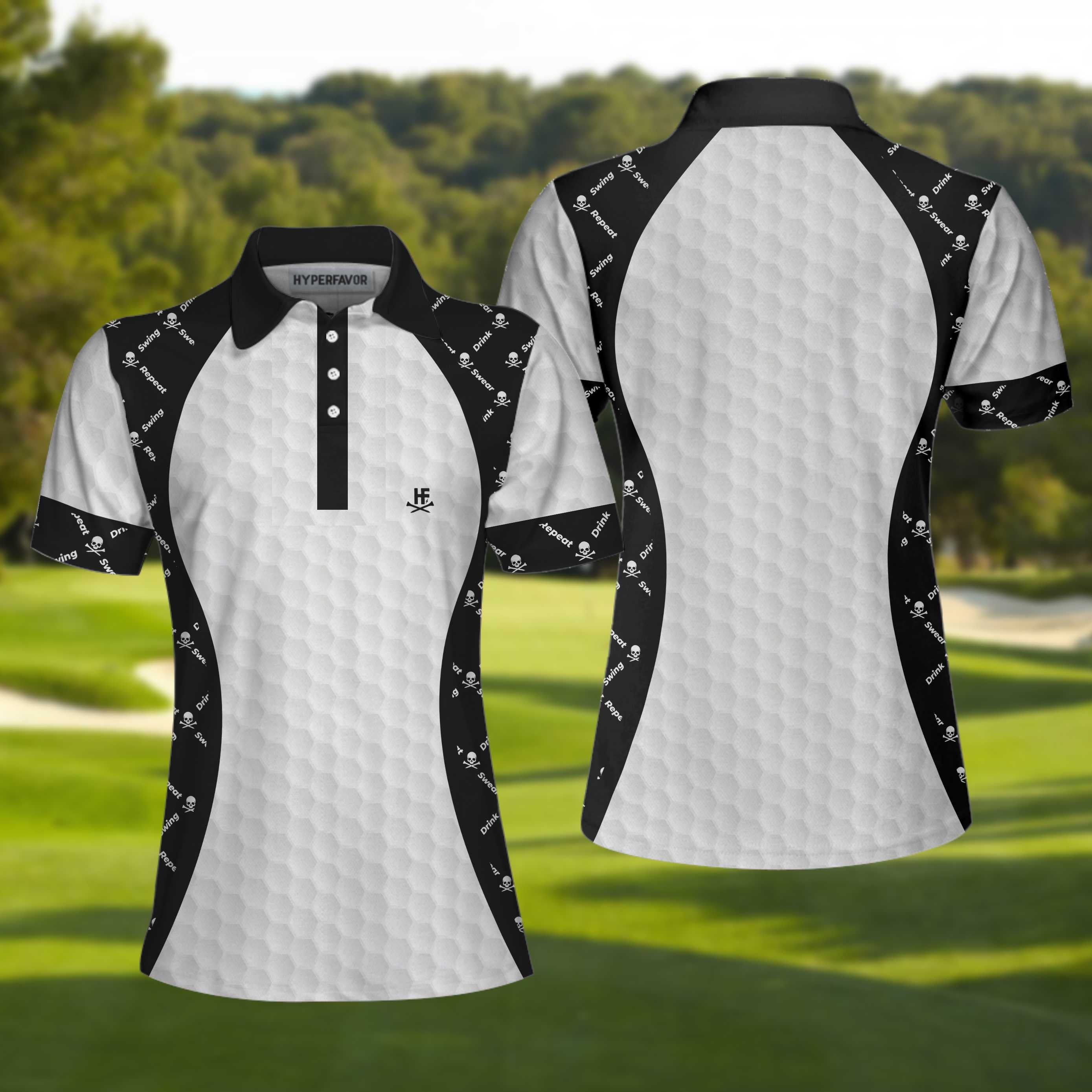 Swing Swear And Repeat With Skull Argyle Pattern Golf Short Sleeve Women Polo Shirt, Basic Ladies Golfing Shirt Coolspod