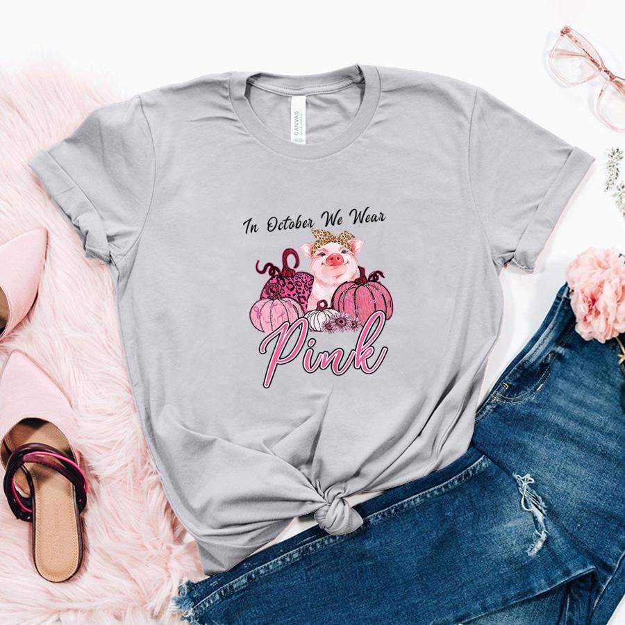 Womens Ph In October We Wear Pink Breast Cancer Gift Pig Pumpkin T Shirt