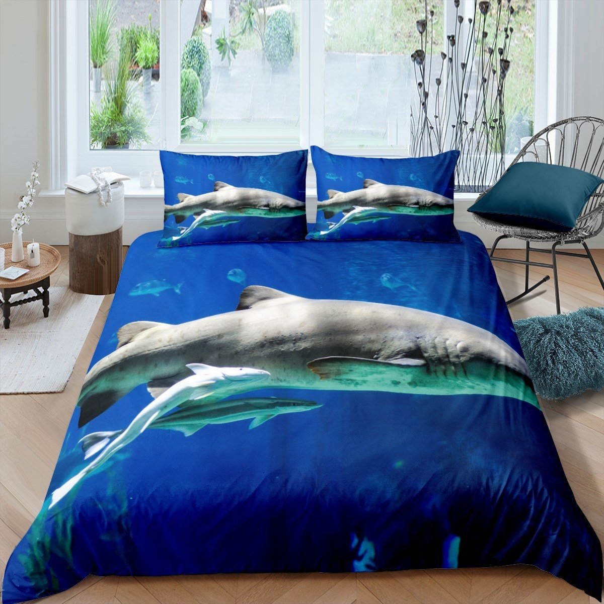 Shark Duvet Cover Set Sea Creature Print Bedding Set For Kids Boys Teens Ocean Wave Nautical Comforter Cover Underwater Animal Bedspread Cover,Room Decor 2/3Pcs Bedding