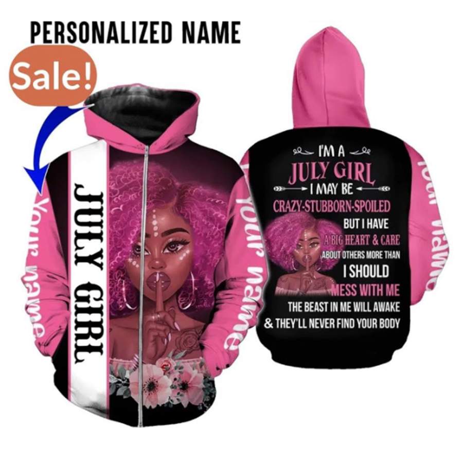 Personalized Black July Girl Custom Name and Month Hoodie 3D All Over Print