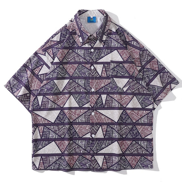 African Ethnic Print Turn Down Collar Short Sleeve Shirt