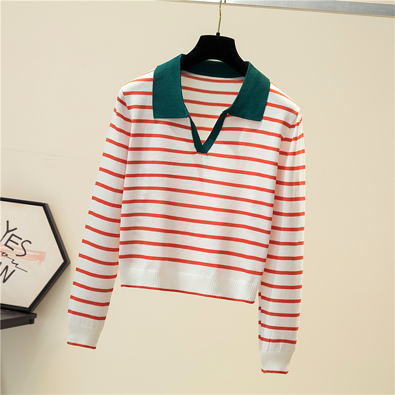 Striped V-neck Pullover Polo Sweater Women’s Early Autumn Casual All-match Tops Long-sleeved Knitted Bottoming Sweaters Jumpers alx