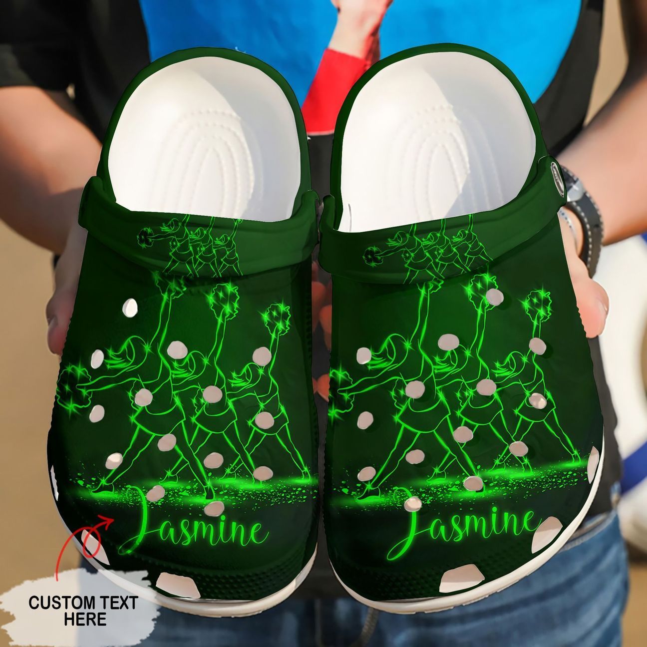 Cheerleader Personalized Clog, Custom Name, Text Green Glowing Cheerleader, Fashion Style For Women, Men, Kid, Print 3D