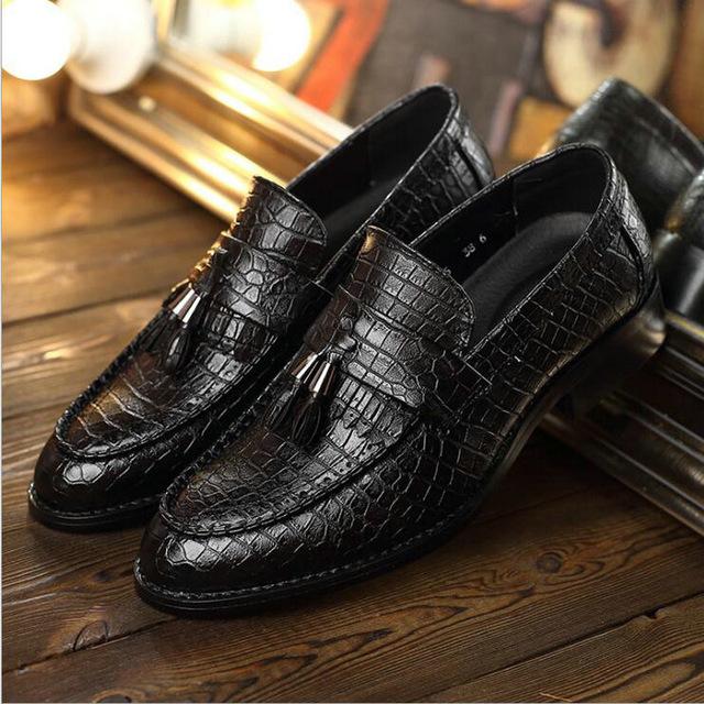 Crocodile Leather Tassel Slip On Oxford Shoes