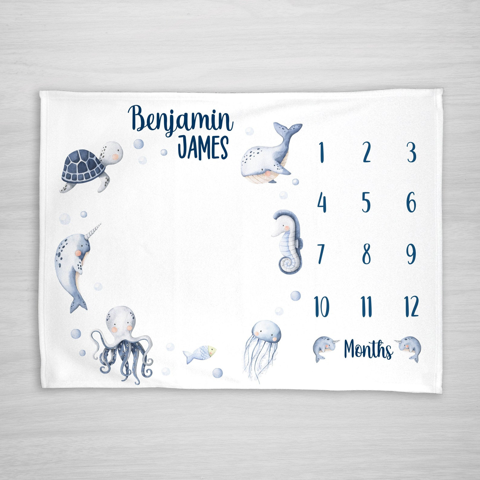 Personalized Octopus, Jellyfish, Sea Turtle, Whale And Horse Fish Monthly Milestone Blanket, Newborn Blanket, Baby Shower Gift Track Growth Keepsake