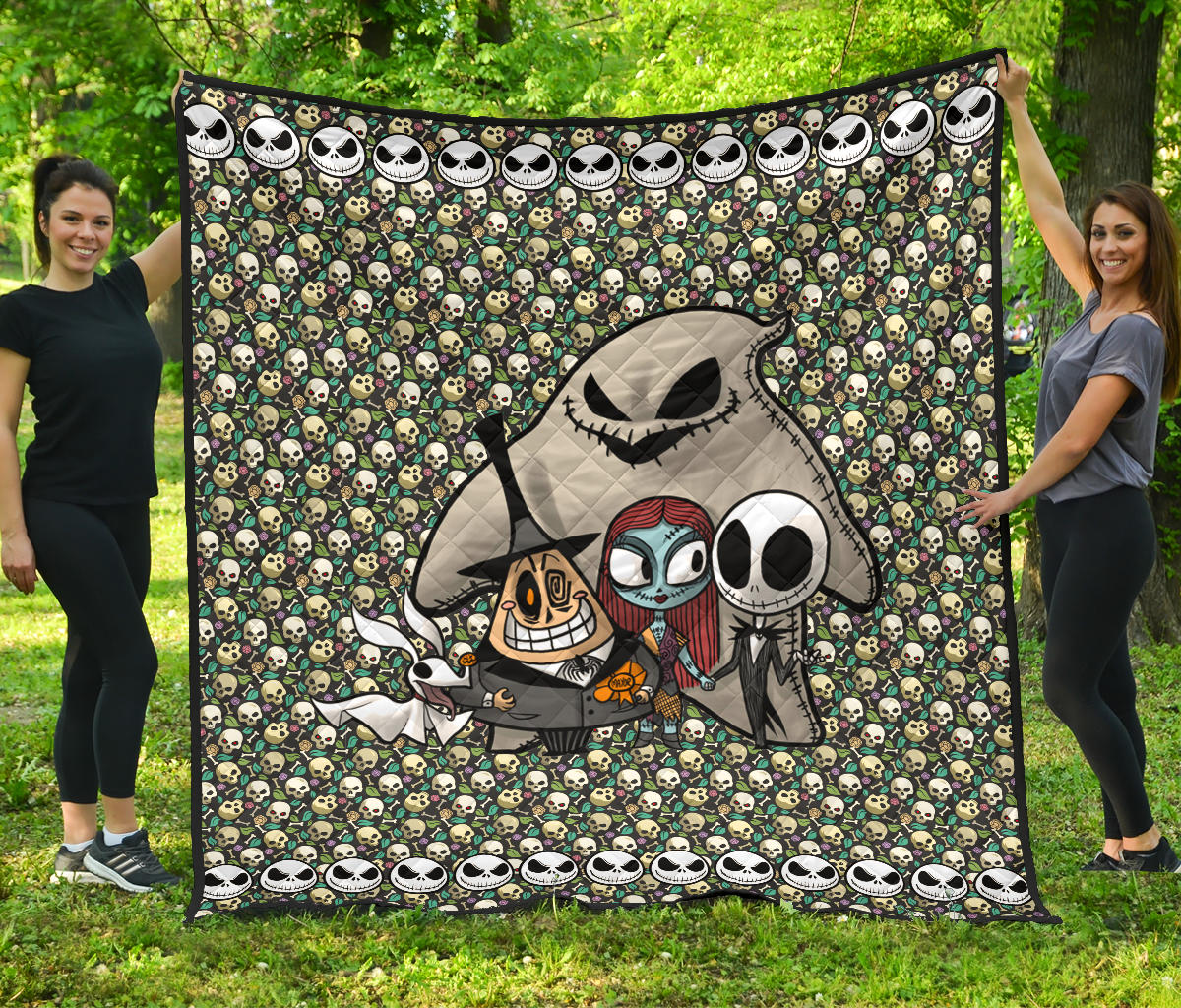 Christmas Premium Quilt | Chibi Jack And Sally With Villains Oogie Skull Patterns Quilt Blanket