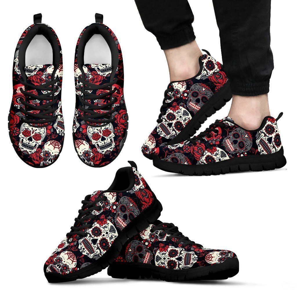 Sugar Skull Red And Black Men Sneakers - TattoosCafe