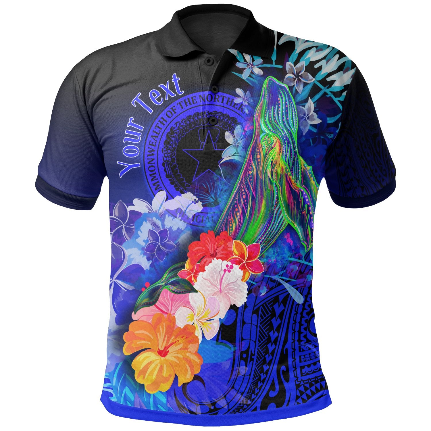 Cnmi Custom Personalised  Polo Shirts – Humpback Whale With Tropical Flowers (Blue)