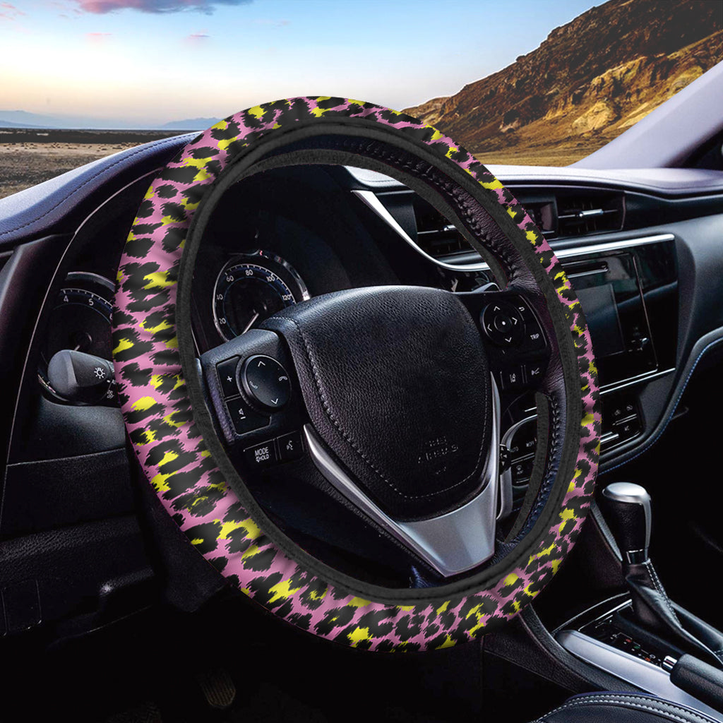 Pink And Yellow Leopard Print Car Steering Wheel Cover