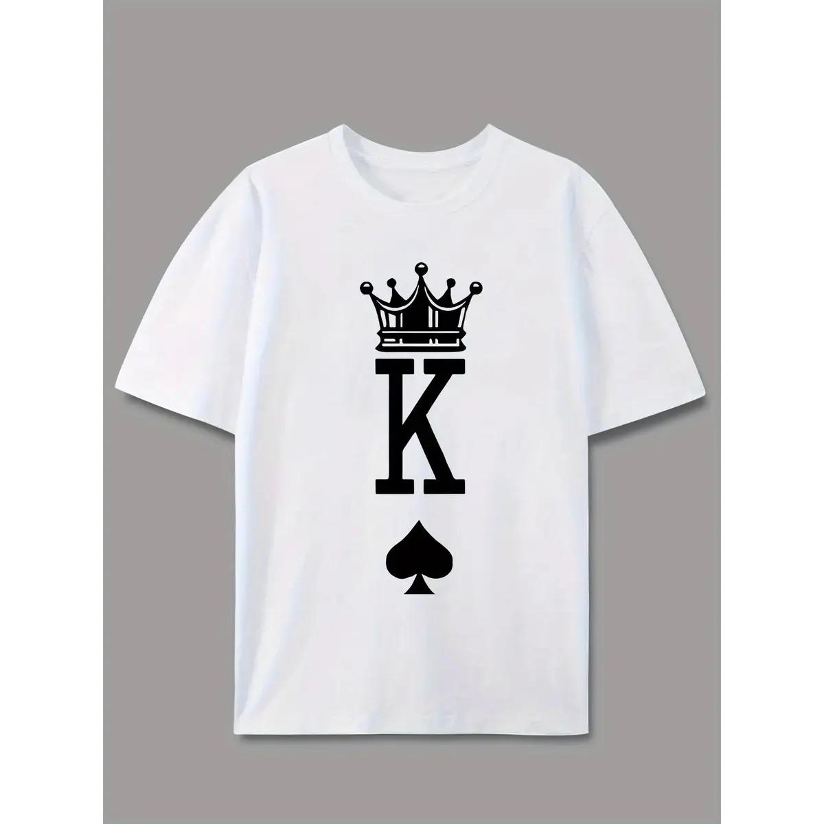 Crown & Spade K Print Tee, Casual Crew Neck, Summer Knit Stretch Polyester, Graphic Top For Men