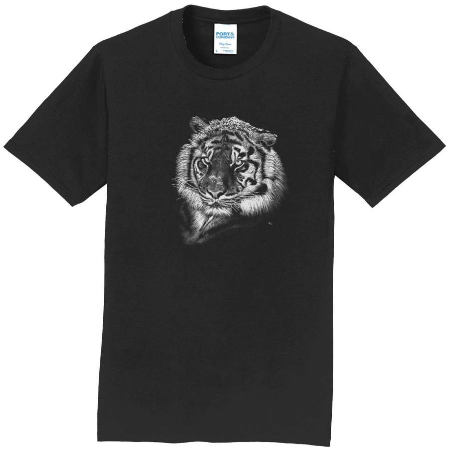 Tiger with Snow on Black – Adult Unisex T-Shirt