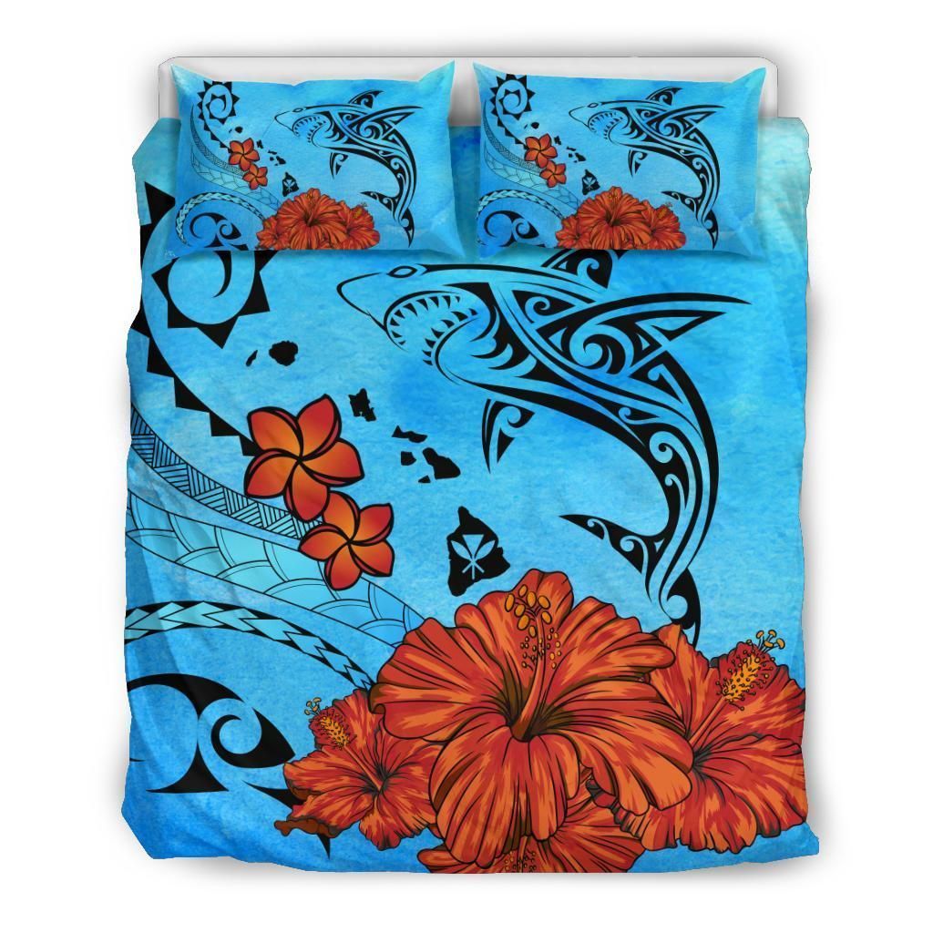 Alohawaii Bedding Set – Cover And Pillow Cases Hawaiian Map Kanaka Shark Hibiscus Plumeria Ocean Background Polynesian – Ah J9