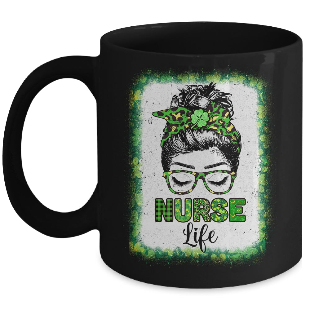 Bleached Nurse Life Messy Bun Leopard St Patricks Day Mug