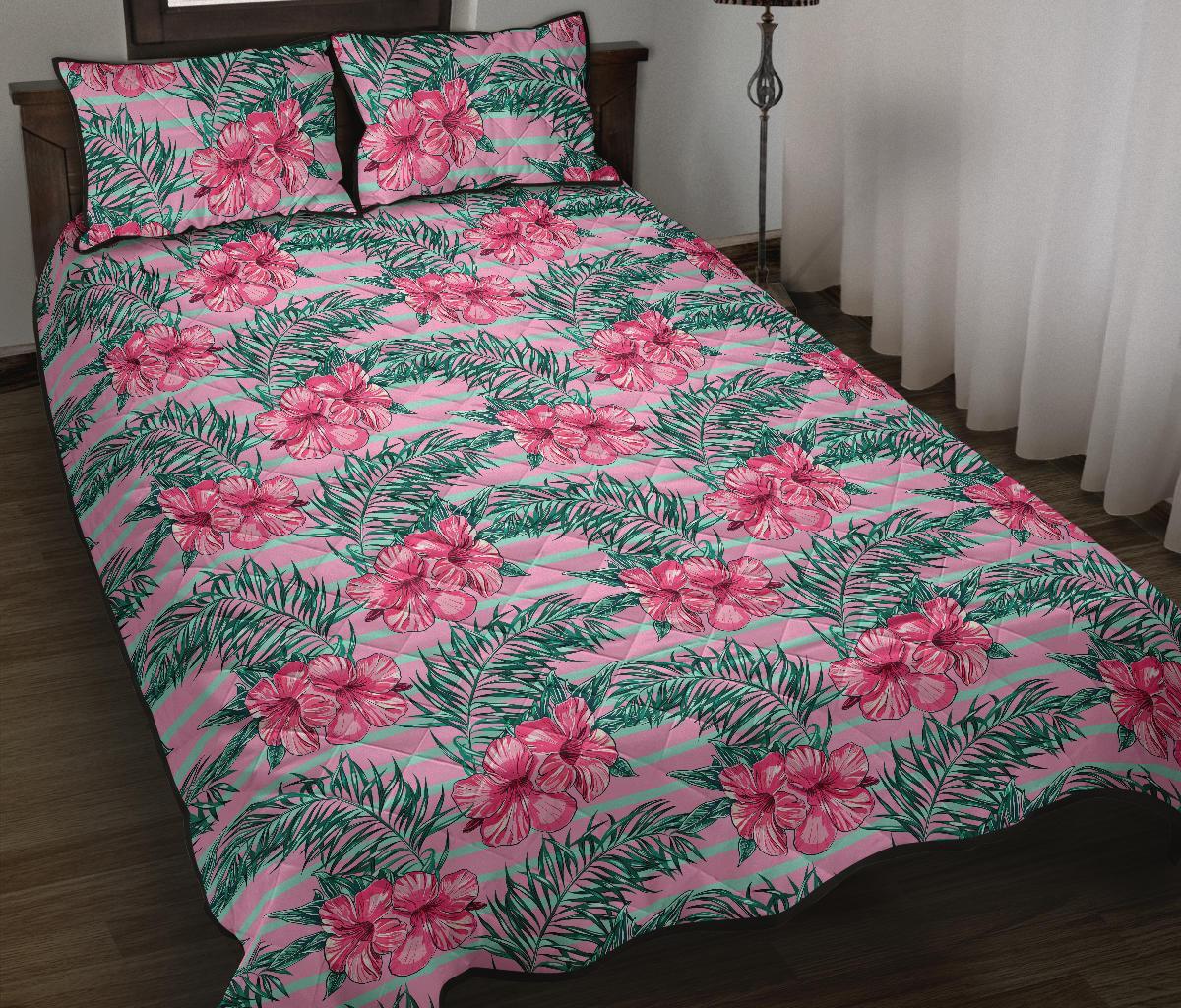 Hawaii Quilt Bed Set Tropical Flowers Palm Leaves Hibiscus Strips AH J1