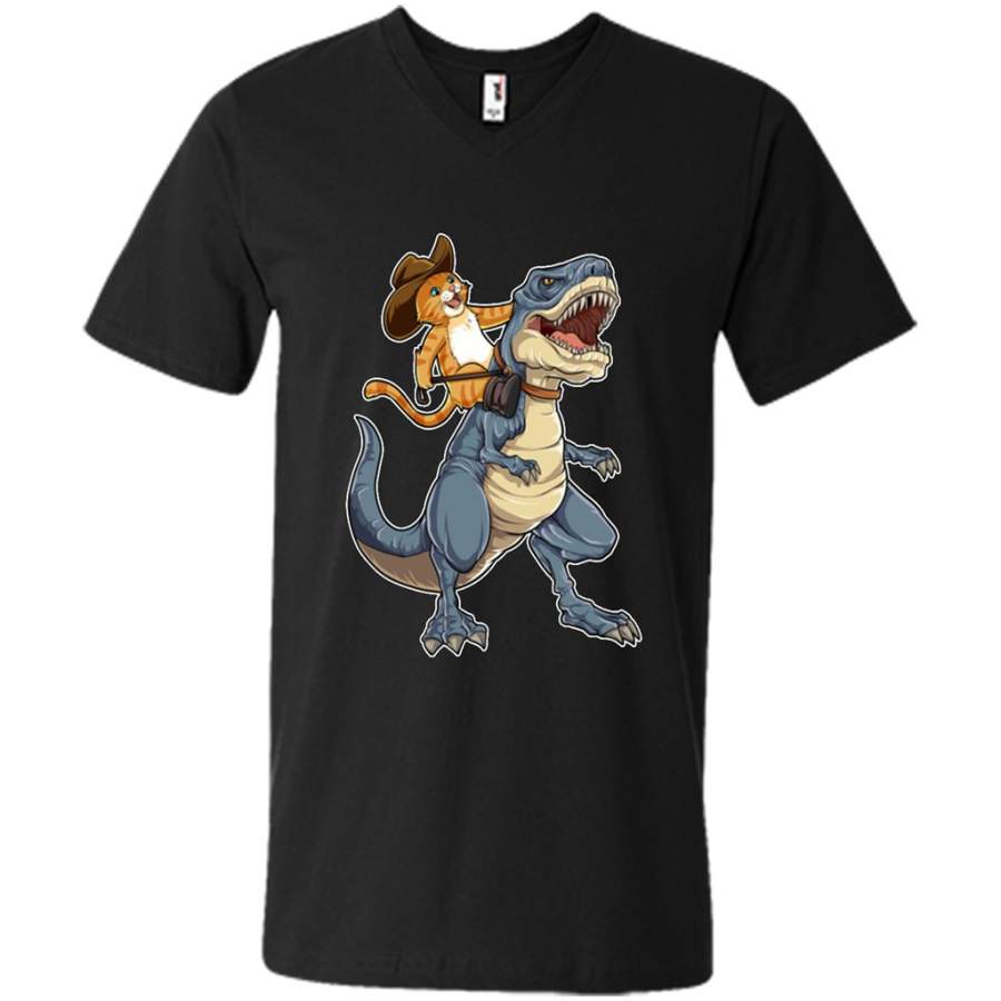 Cat Cowboy Riding T-rex Dinosaur, Funny Purrassic Kitty Kitten Dino Gifts – Canvas Unisex V-Neck Shirt