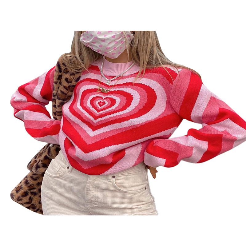 Women Love Heart Print Knitting Top Long Sleeve O-neck Sweater Y2K Loose Knitted Pullover for Autumn alx