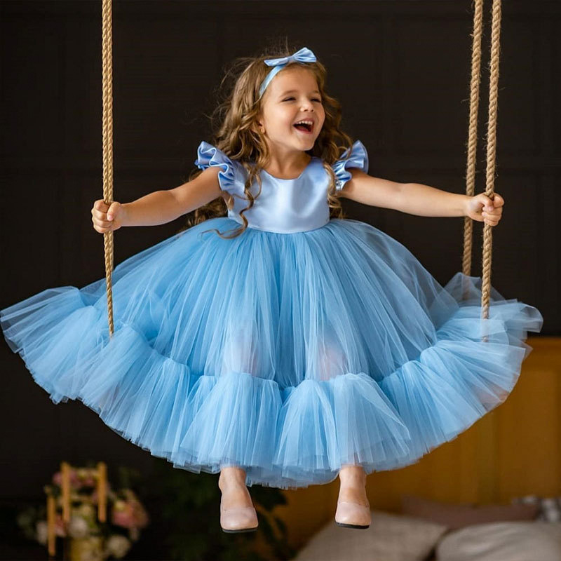 Baby Girls Birthday Dress For 0 1 2 Year Newborn Baptism Blue Pink White Clothes Toddler Kid Elegant Christening Party Tutu Gown alx