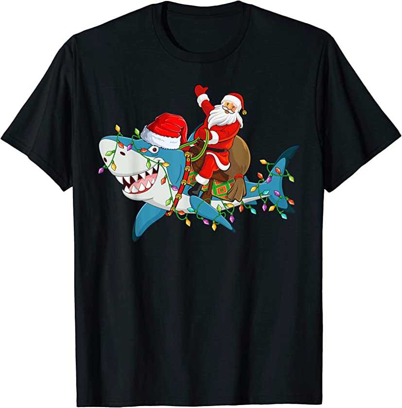 Shark Lover Xmas Lights Santa Ride Shark Christmas T-Shirt