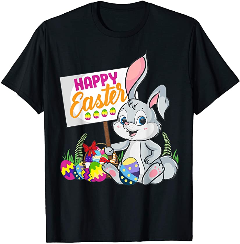 Very Cute Smiling Easter Bunny Holding Happy Easter Sign T-Shirt