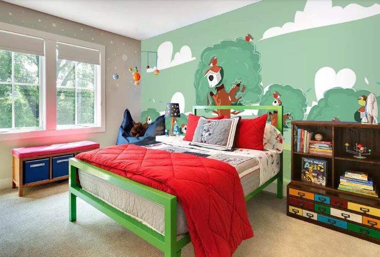 3D Cartoon Green Sky Forest Animal Wall Mural Wallpaper Lqh 373