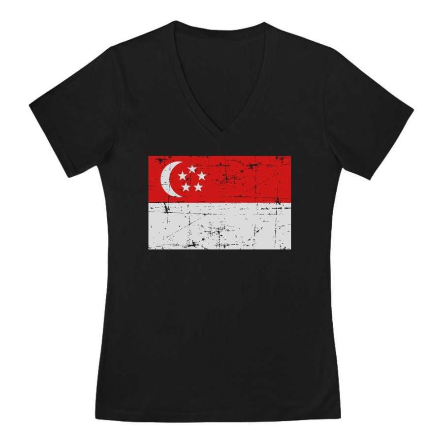 Vintage Singapore Flag V-Neck Fitted Women T-Shirt