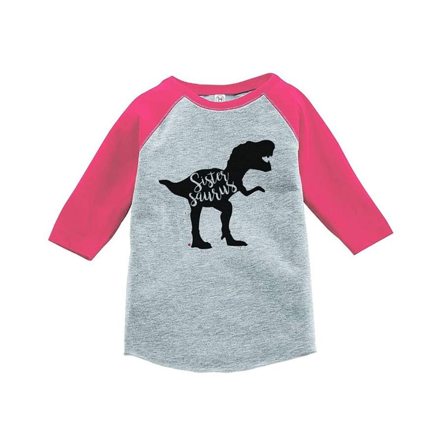 7 ate 9 Apparel Kids Sistersaurus Dinosaur Pink Baseball Tee