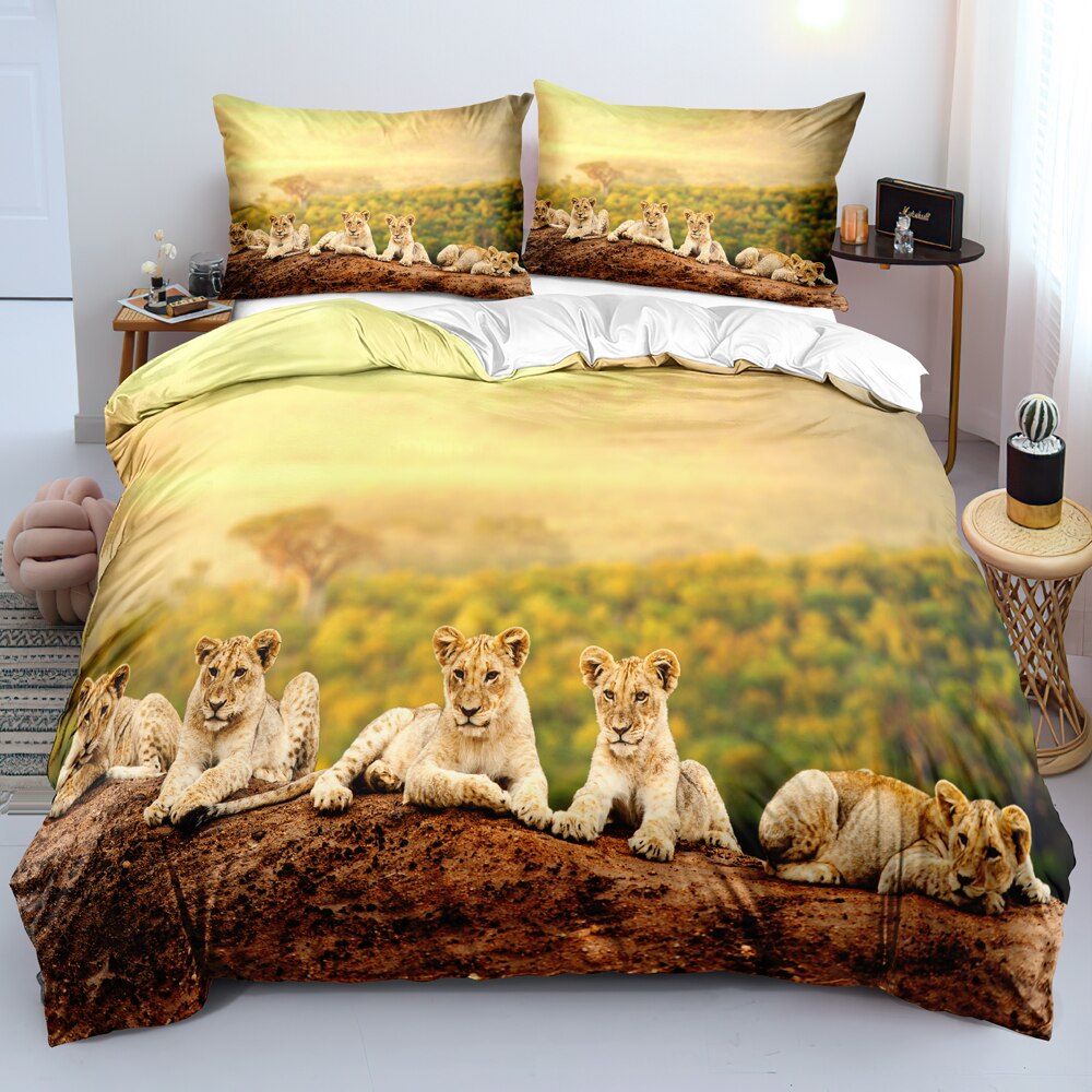 3D Digital Brown Lion Bed Linen Black Duvet Cover Set Twin Double King Size Bedding Set