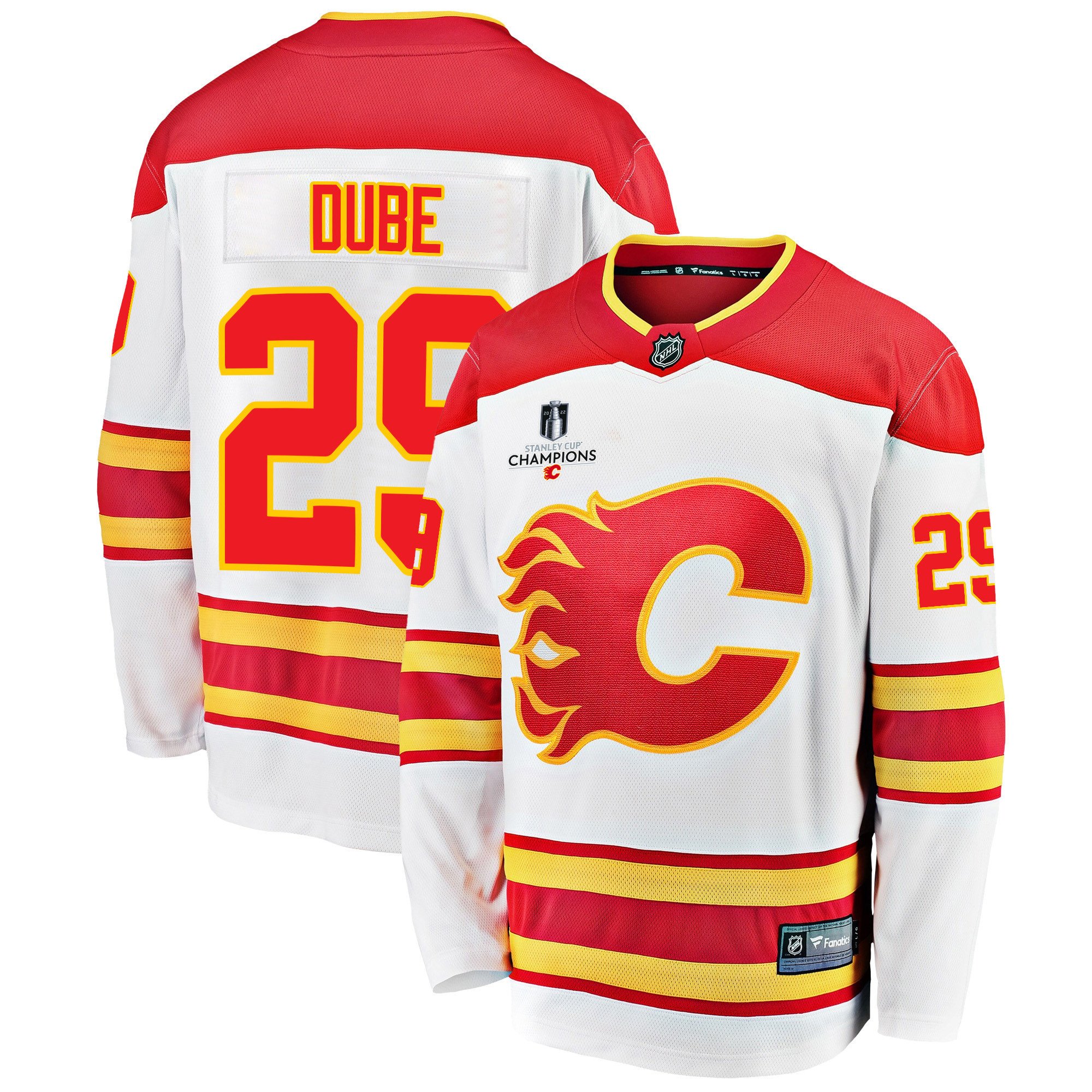 Calgary Flames Dillon Dube 29 Away 2022 Stanley Cup Champions Breakaway Men Jersey – White