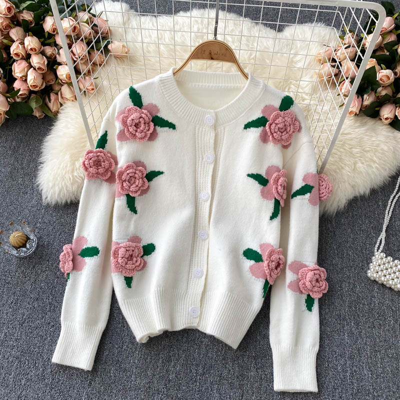 Young Gee Women Knitted Cardigans Sweater Fashion Autumn Long Sleeve 3D Rose Flower Appliques Casual Button Sweaters pull femme alx