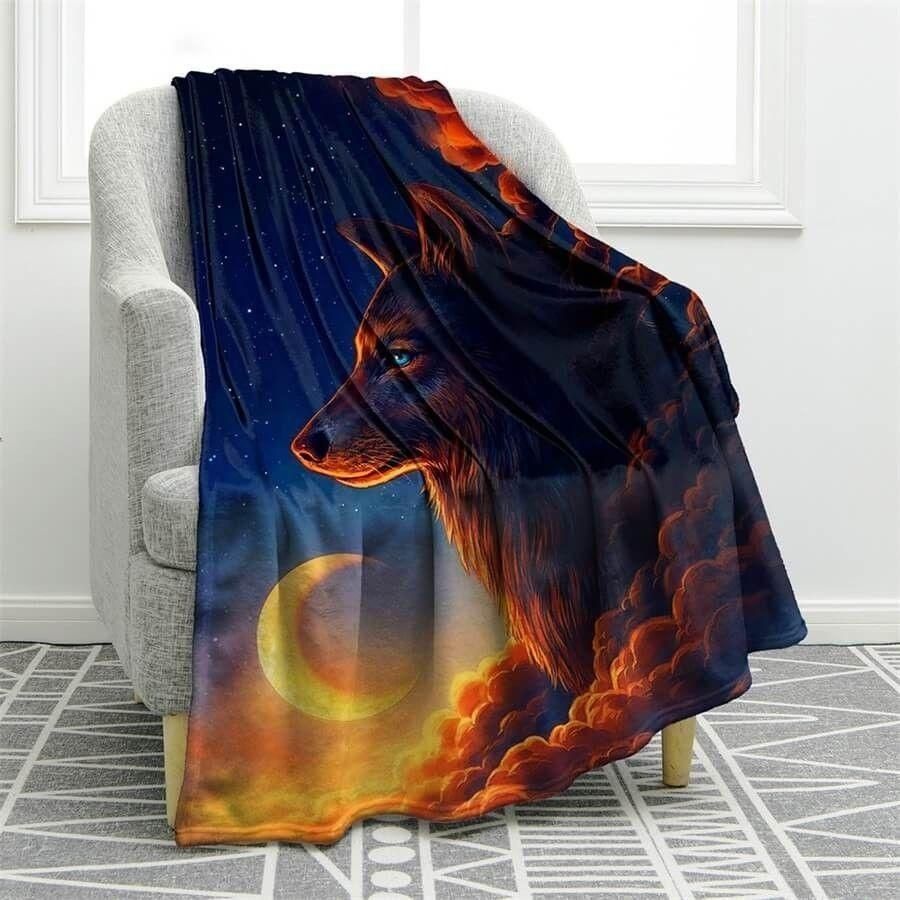 [Personalized Name] Blue Eyes Wolf And Moonlight Fleece Blanket, Sherpa Blanket, Gift For Aunt Gift For Parent, Family Member, Friends Gift, Christmas Gift, Home Decor, Home Living