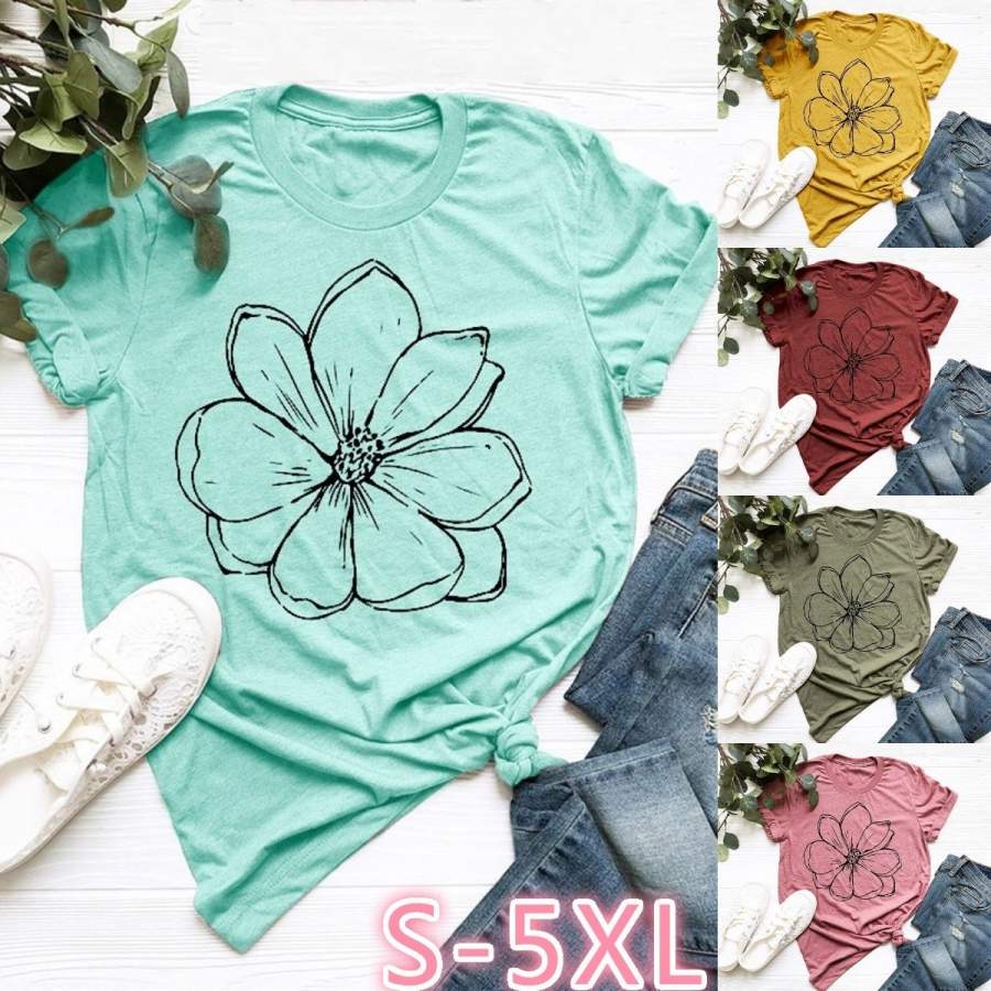 Summer Women’S Fashion O Neck Short Sleeve Floral Print Tee Casual T Shirts Tops Plus Size S-5Xl